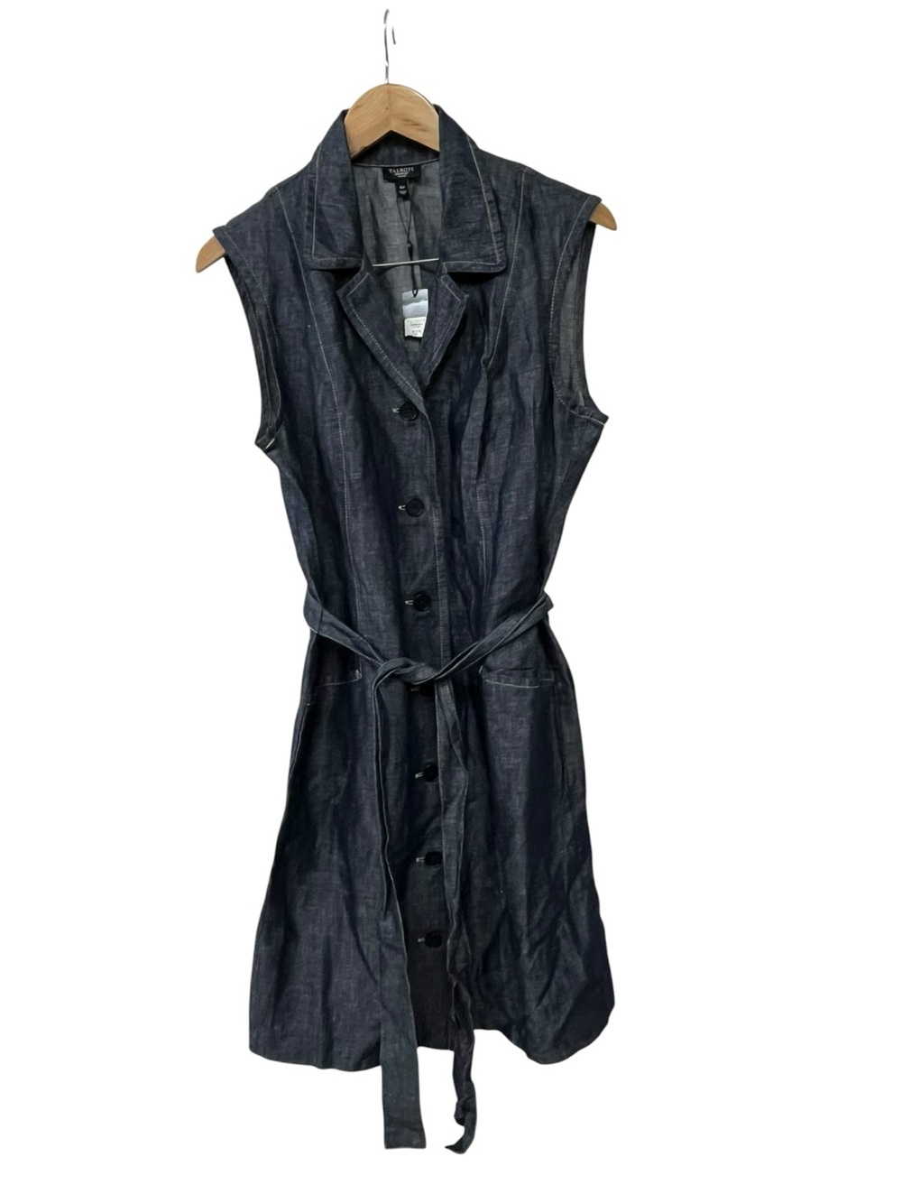 NWT Talbots Chambray Linen Cotton Button Denim Dress Belted Sleeveless 16 P 16P